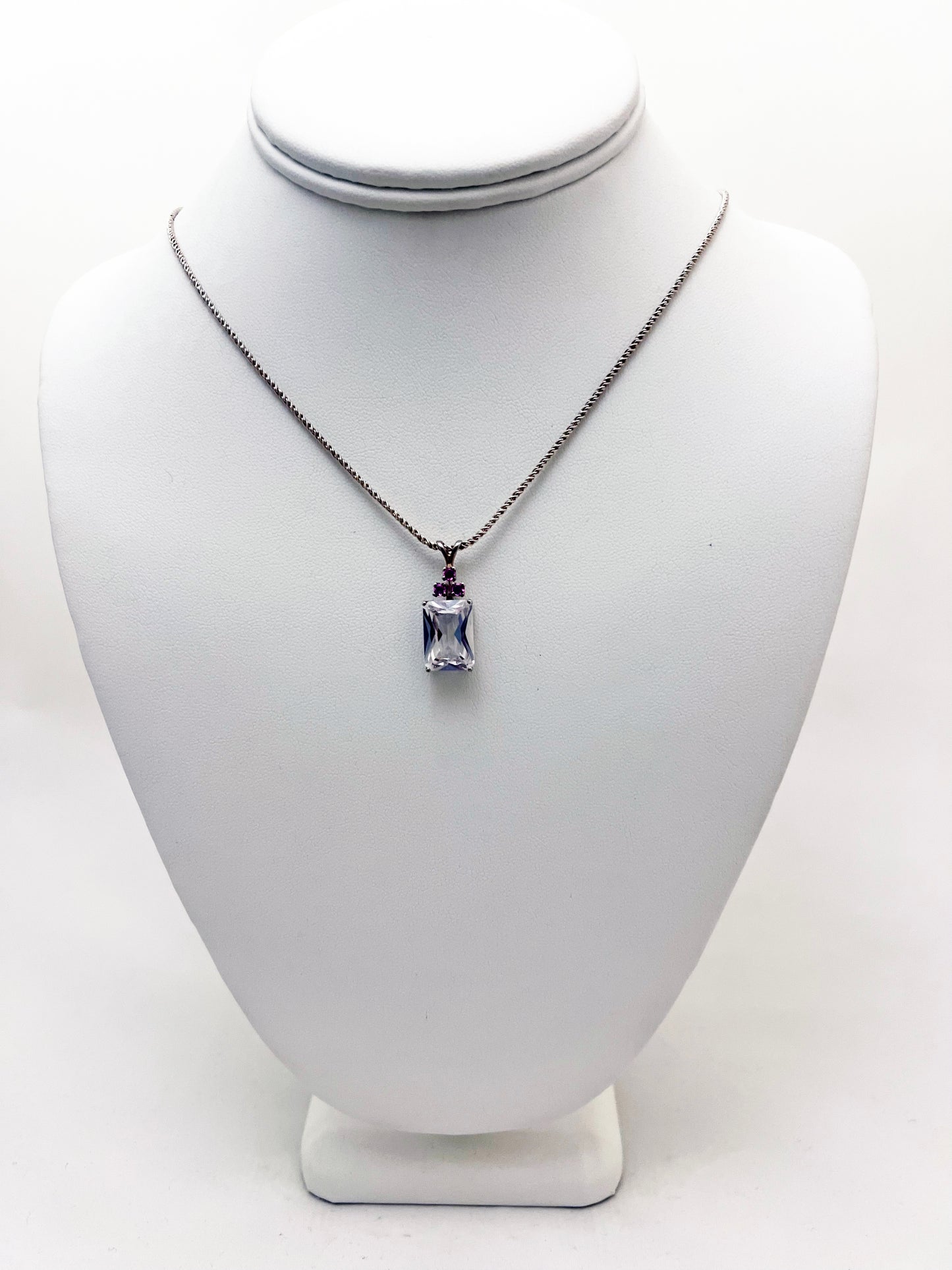 Lab Created White Sapphire 14x10mm Emerald Cut Accented Pendant on .925 2.0mm 18" Curb Chain Necklace
