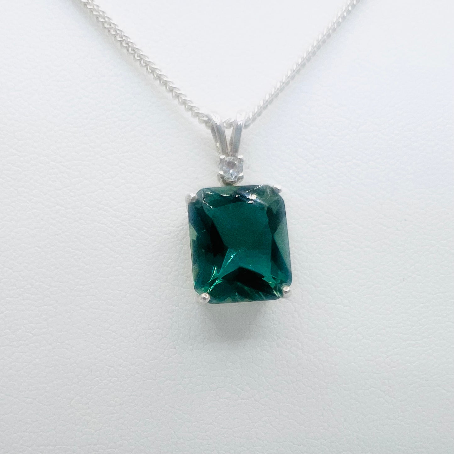 Lab Green Quartz 12x10mm Green Quartz Emerald Cut Pendant on .925 Silver 2.0mm 18" Curb Chain