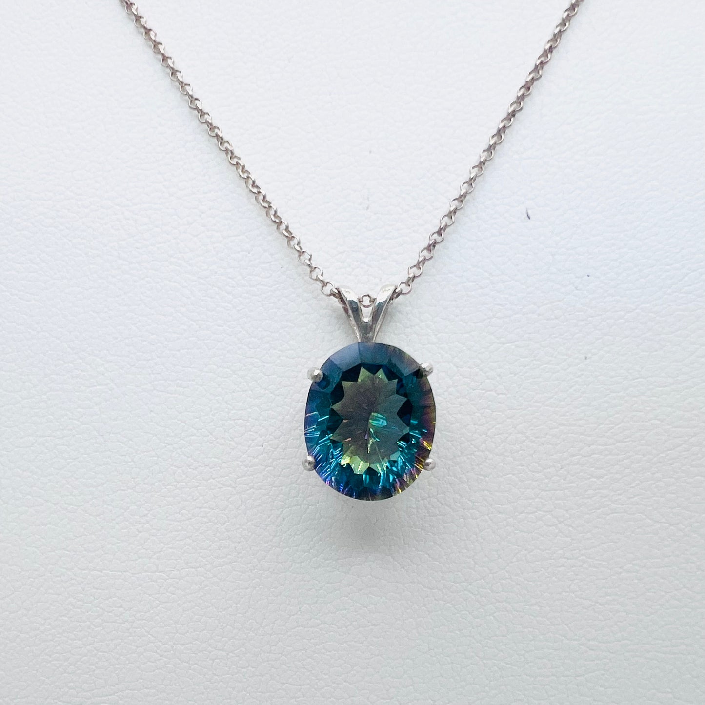 Mystic Green Quartz 12x10mm Oval Pendant on .925 Silver 1.3mm 18" Rolo Chain