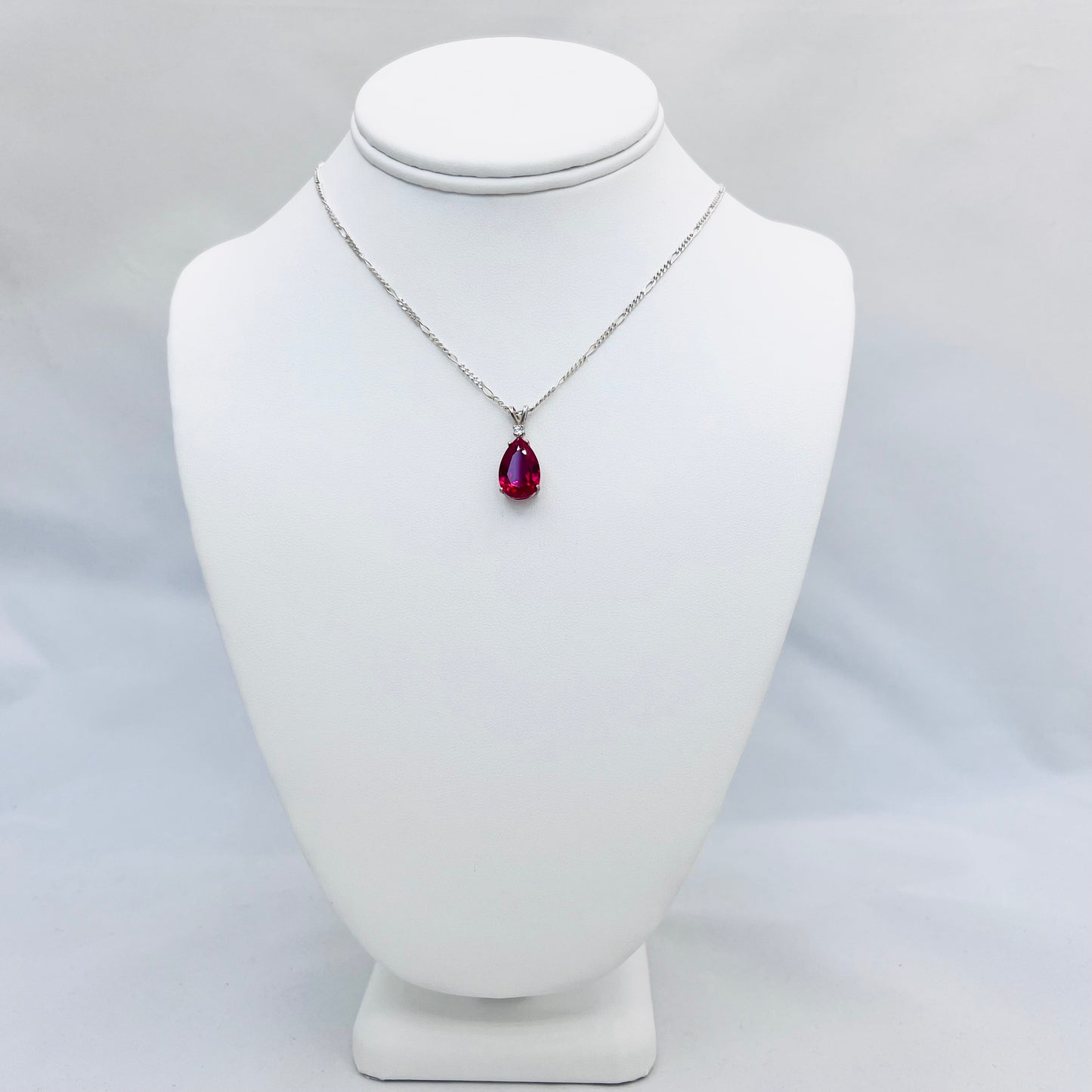 15x10 Pear Shaped Lab Created Ruby .925 Silver Pendant on 1.8mm 18" Figaro Chain
