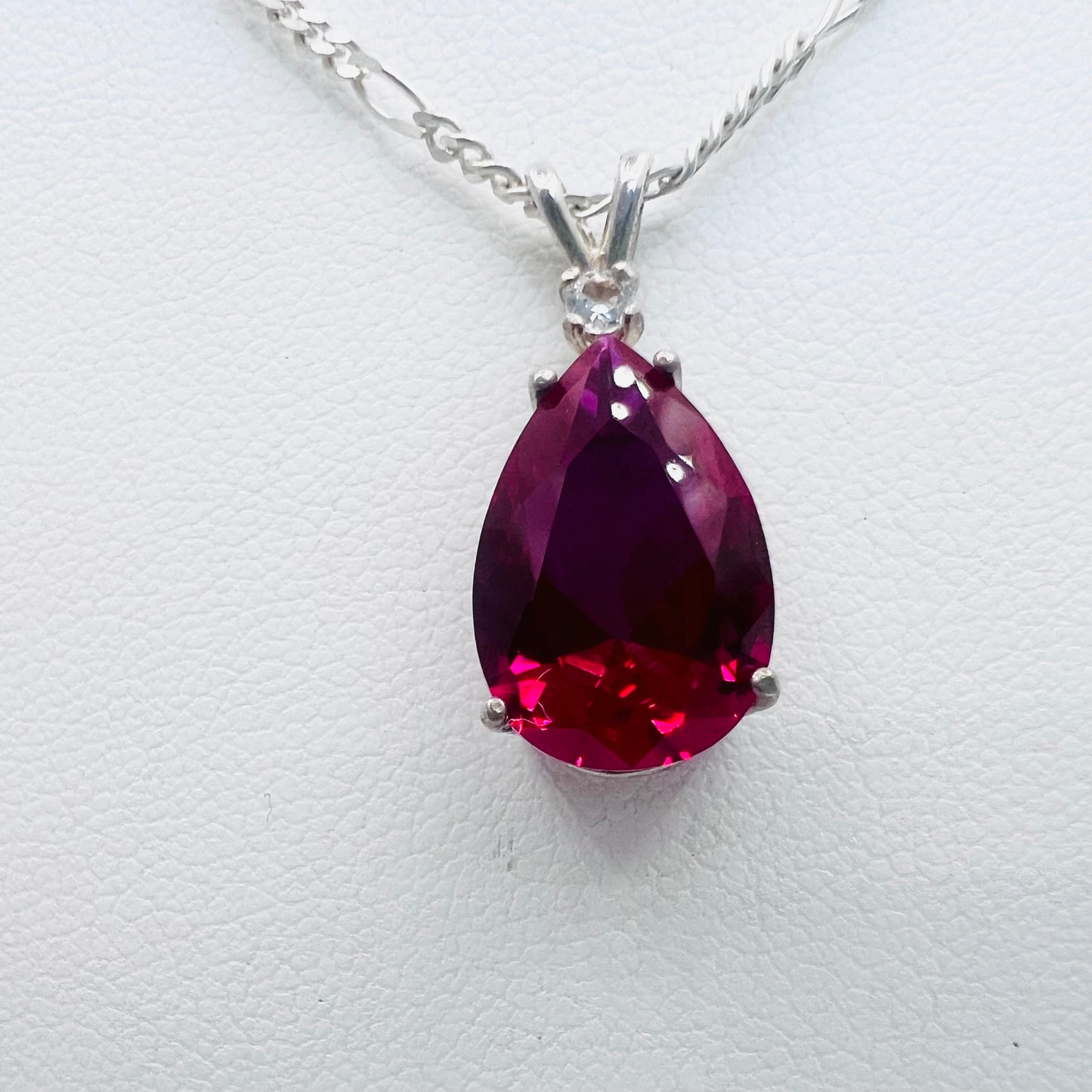 15x10 Pear Shaped Lab Created Ruby .925 Silver Pendant on 1.8mm 18" Figaro Chain