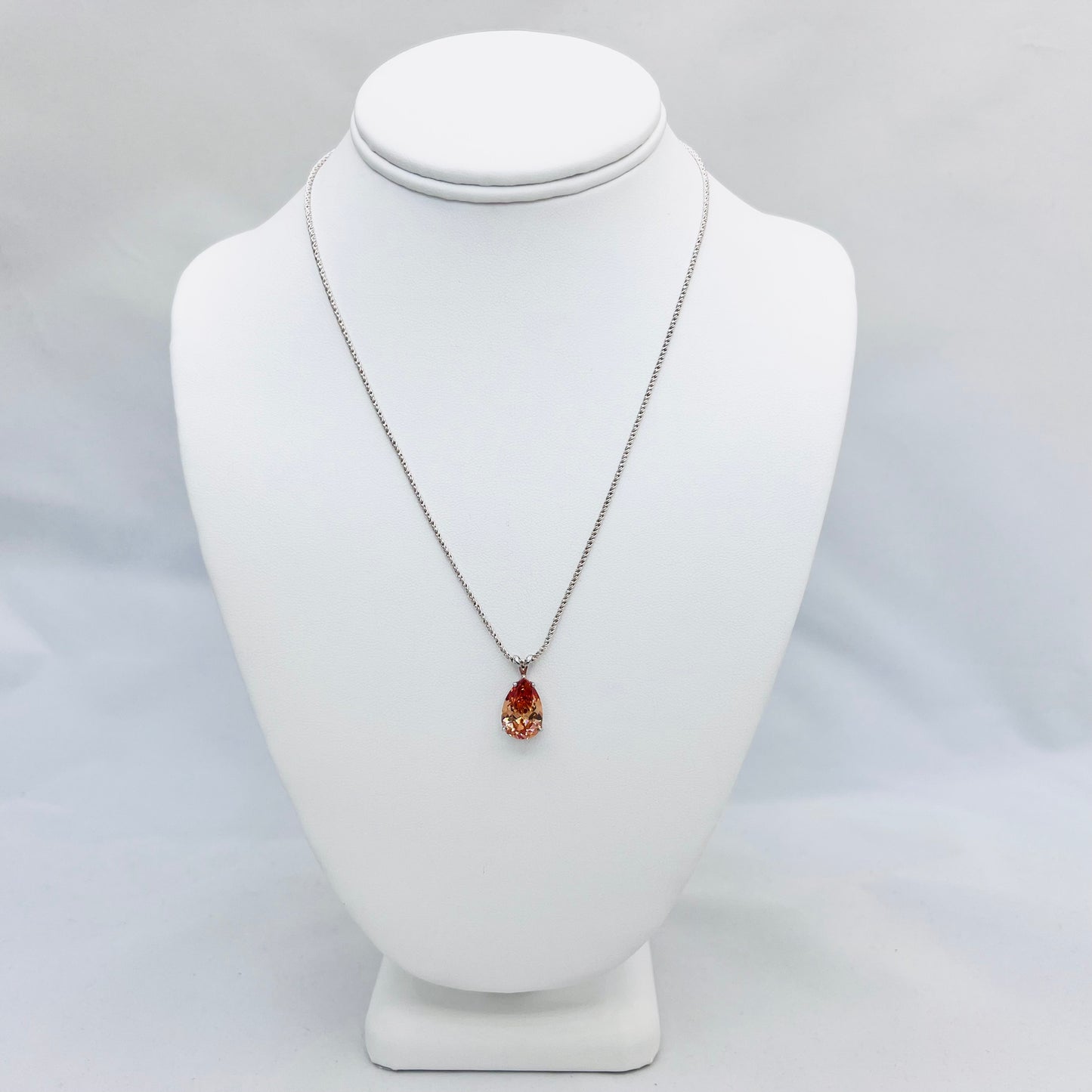 15x10 Champagne Cubic Zirconia Pear Pendant on .925 18" Silver Reverse Rope Chain Necklace