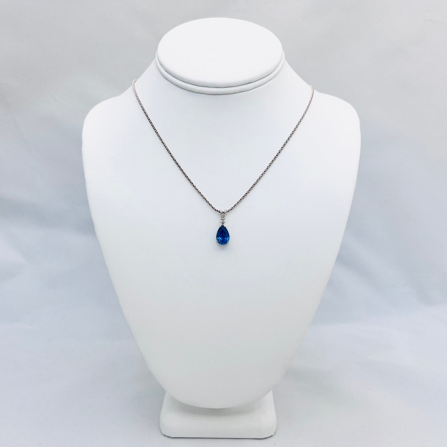 Swiss Blue Cubic Zirconia 12x8mm Accented Pear Pendant on .925 Silver 1.4mm 18" Reverse Double Rope Chain