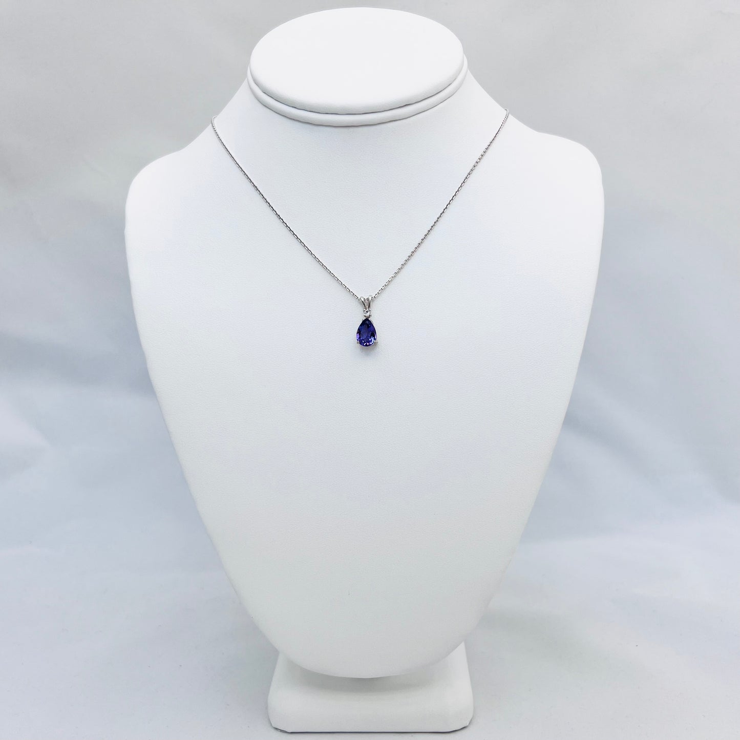 10x7mm Pear Shaped Lab Created Amethyst Accented .925 Silver Pendant on 1.3mm 18" Beveled Cable Chain