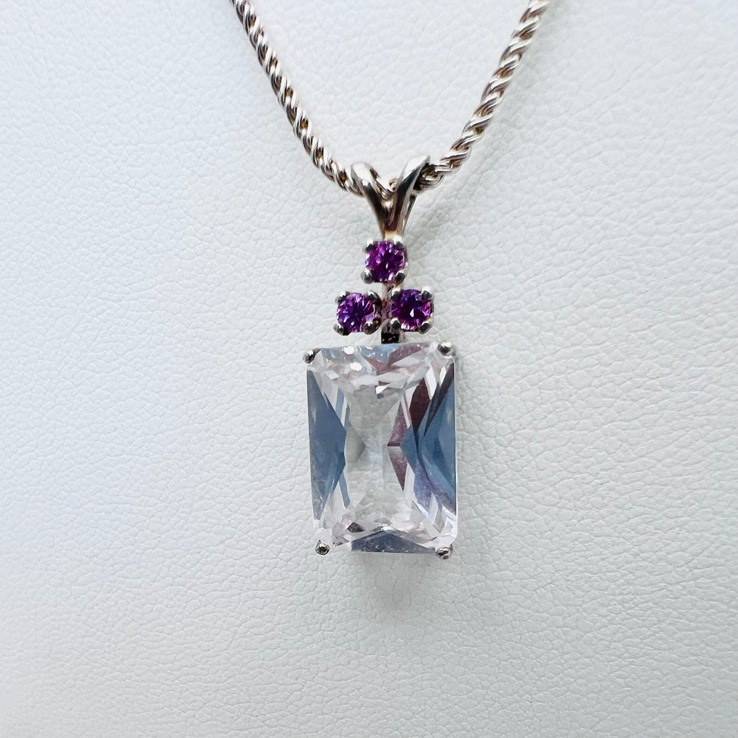 Lab Created White Sapphire 14x10mm Emerald Cut Accented Pendant on .925 2.0mm 18" Curb Chain Necklace