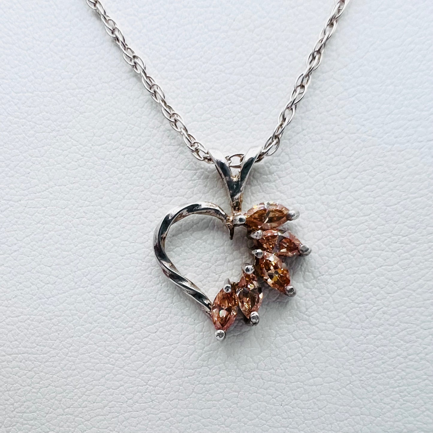 2.5mm Marquis Cut 5 Stone Champagne Cubic Zirconia .925 Silver Heart Shaped Pendant on 1.3mm 20" Double Rope Chain