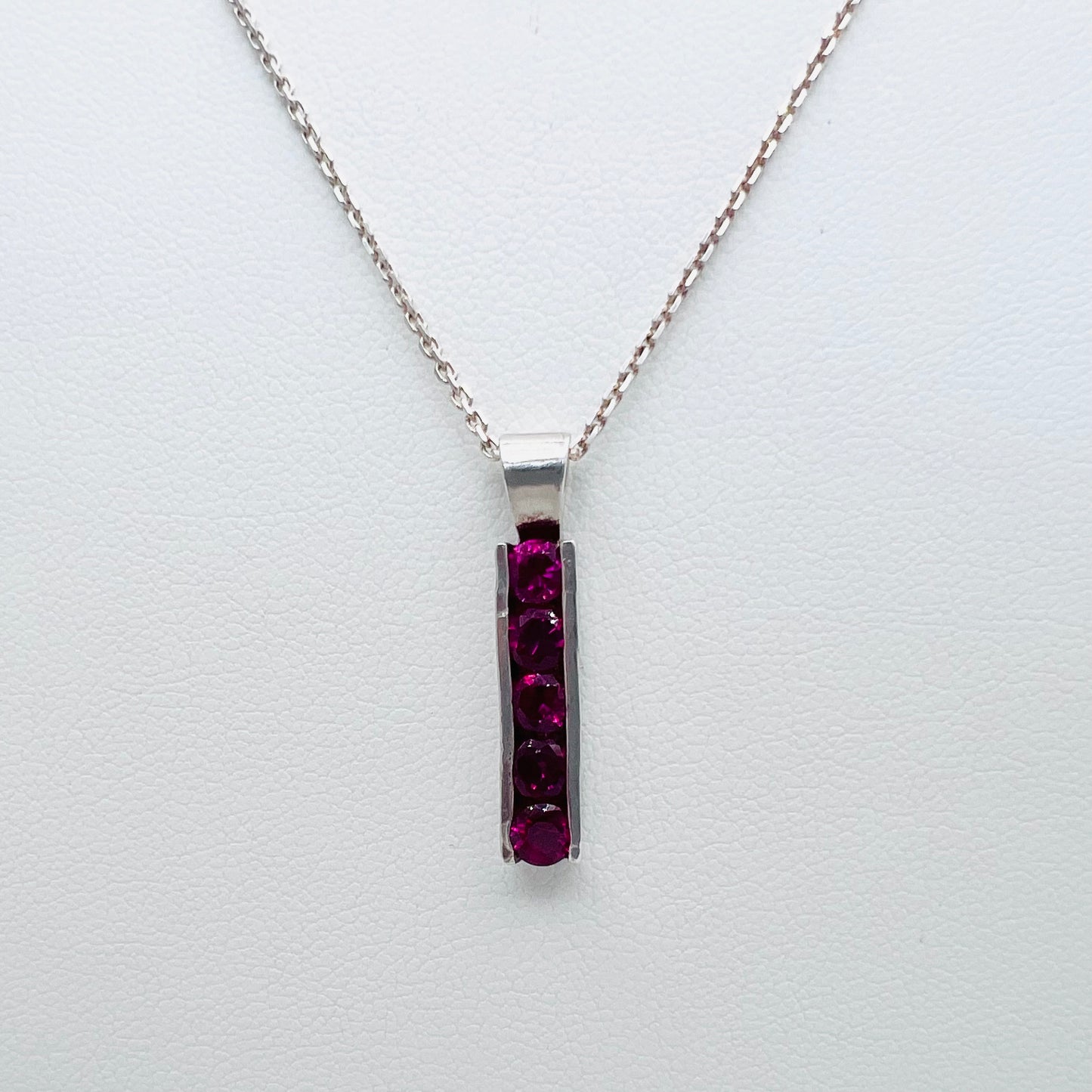 4mm 5 Stone Lab Created Ruby .925 Silver Channel Pendant on 1.3mm 18" Beveled Cable Chain