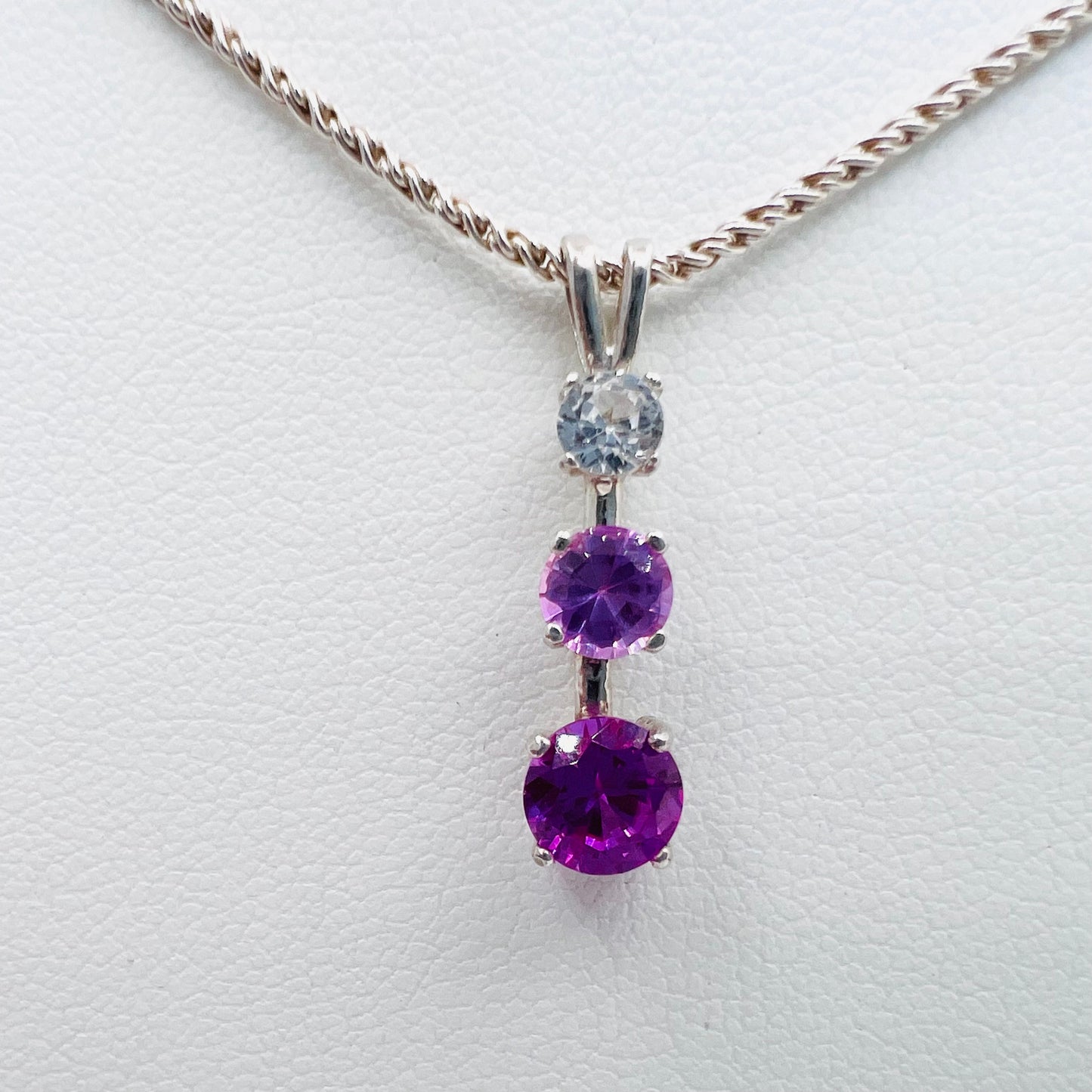 3 Stone Pendant .925 Silver Reverse Double Rope Chain Necklace