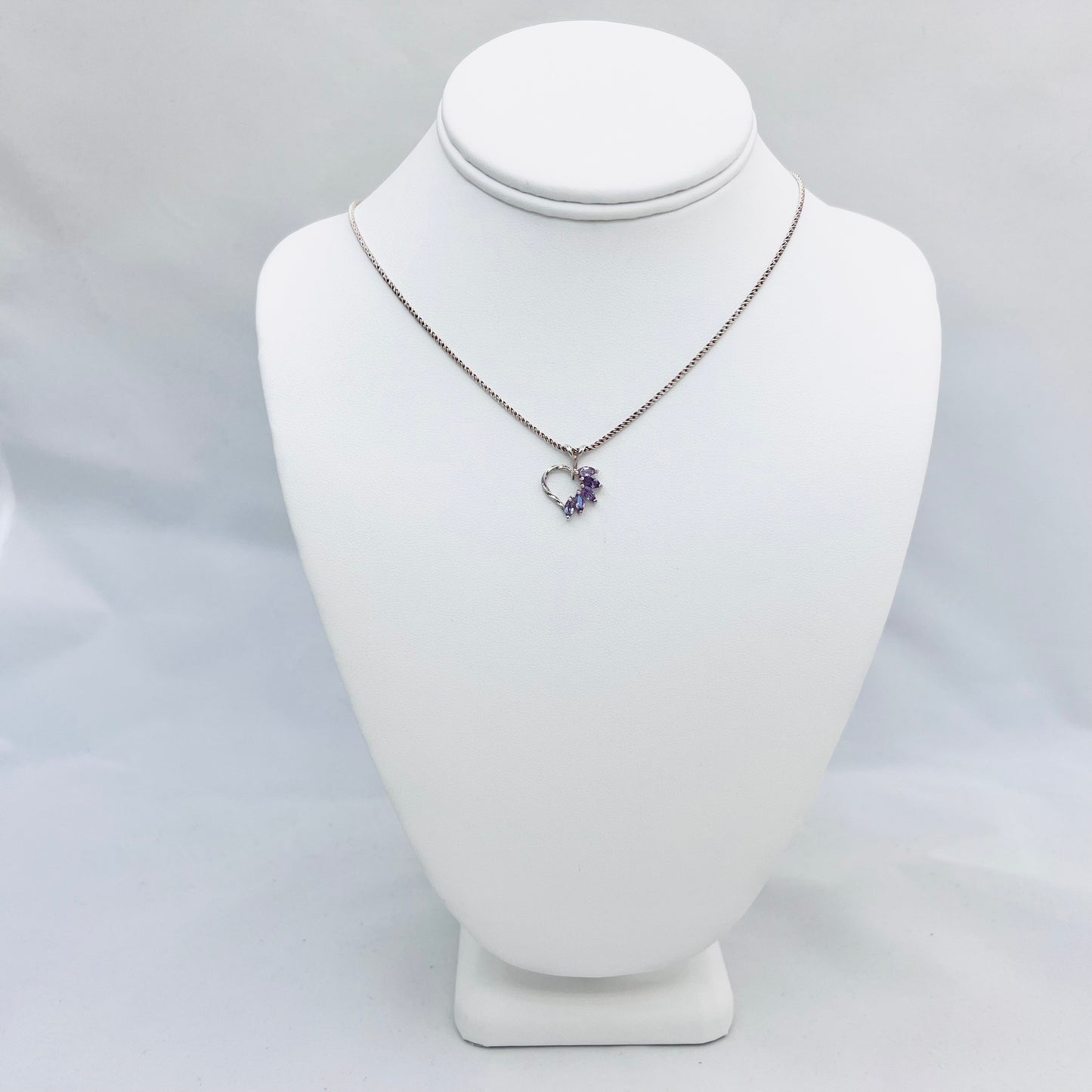 2.5mm Marquis Cut 5 Stone Lab Created Amethyst .925 Silver Heart Shaped Pendant on 1.3mm 20" Double Rope Chain
