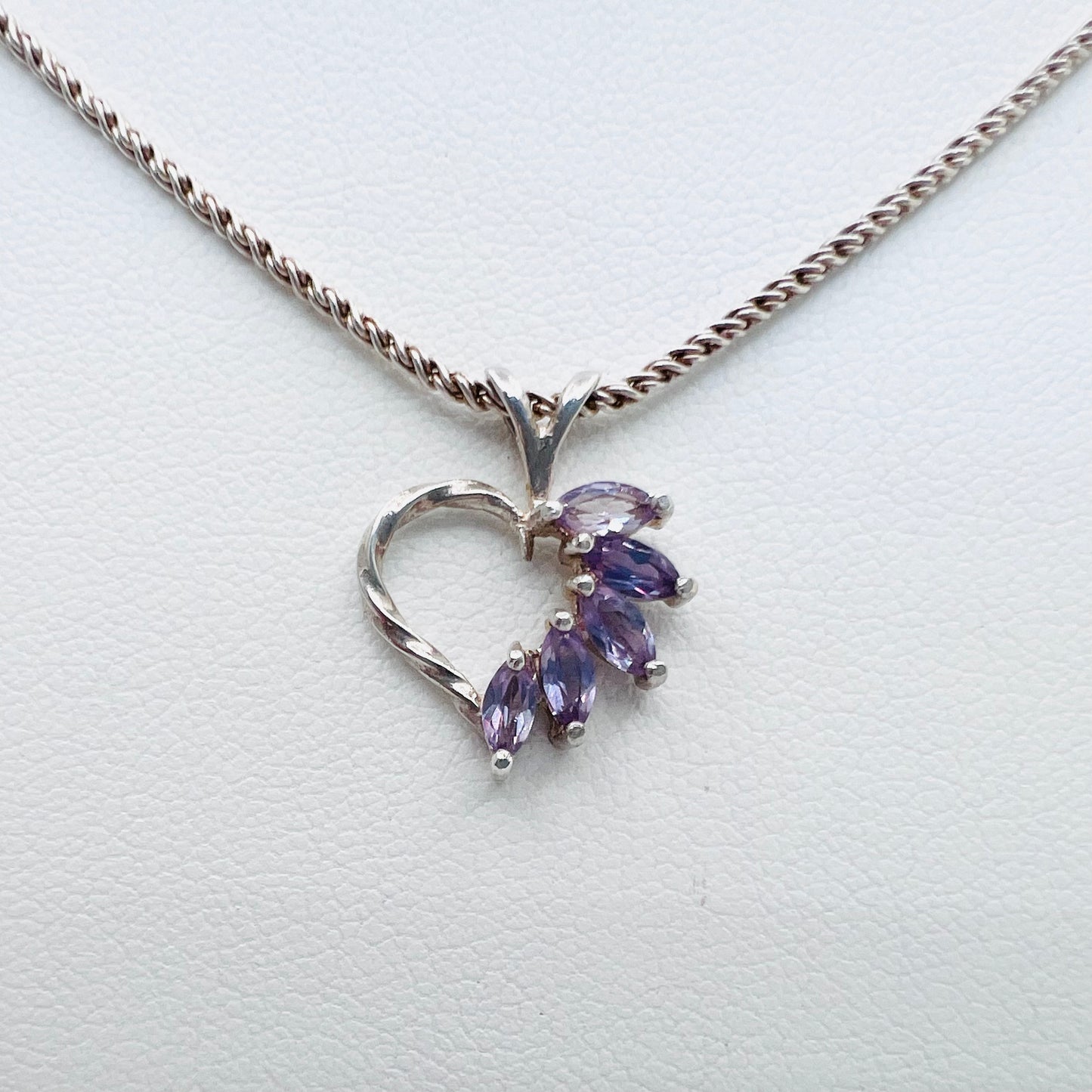 2.5mm Marquis Cut 5 Stone Lab Created Amethyst .925 Silver Heart Shaped Pendant on 1.3mm 20" Double Rope Chain