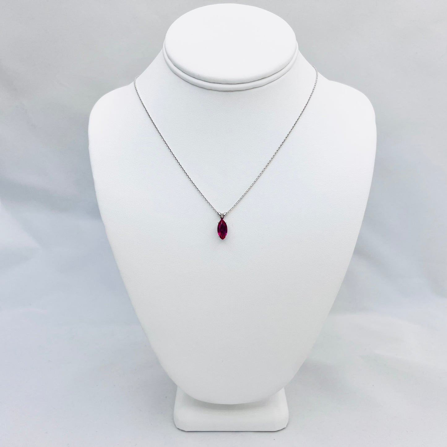 12x6mm Marquis Shaped Lab Created Ruby .925 Silver Pendant on 1.3mm 18" Beveled Cable Chain