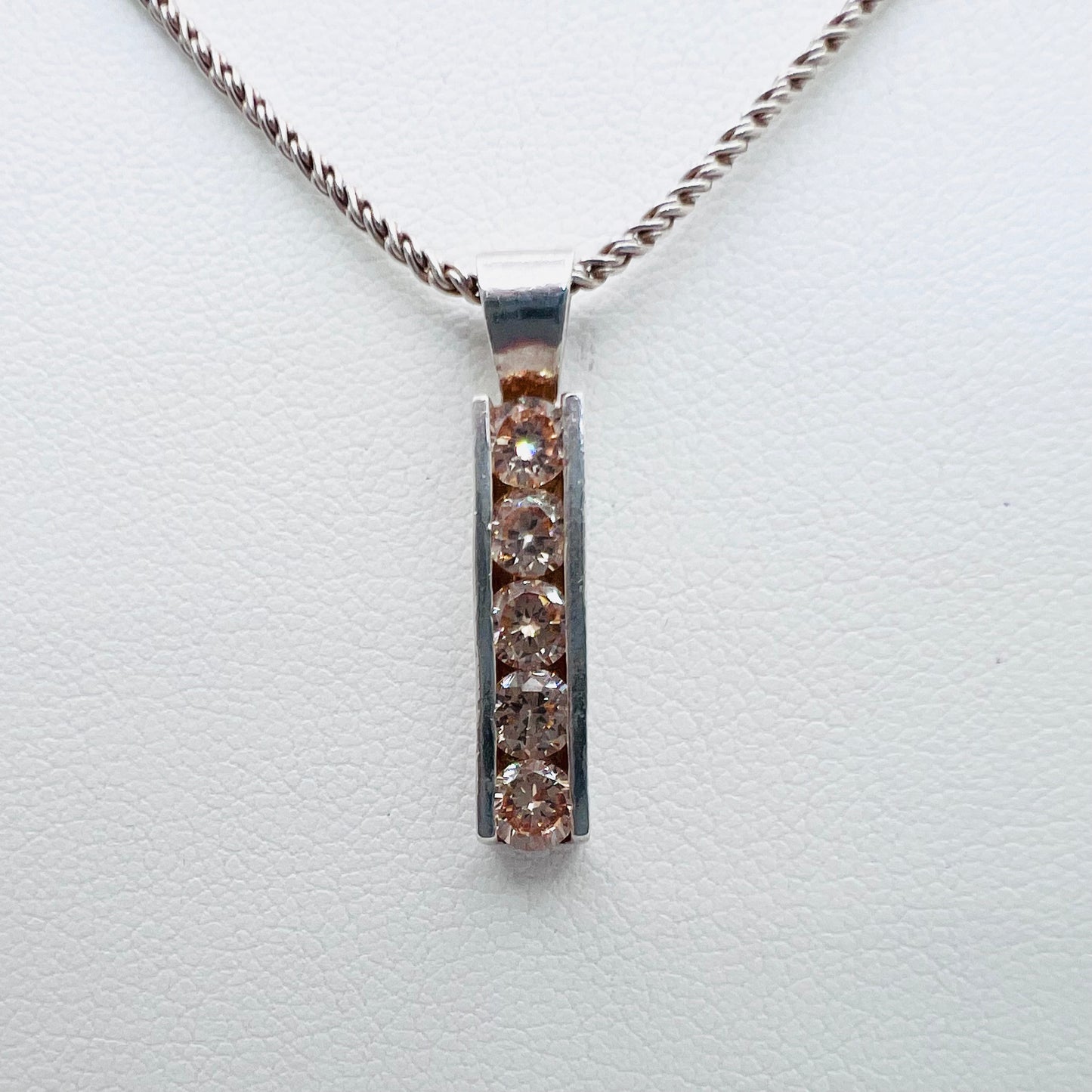 4mm Round 5 Stone Champagne Cubic Zirconia Sterling Silver Channel Pendant on 1.4mm 18" Reverse Double Rope Chain Necklace