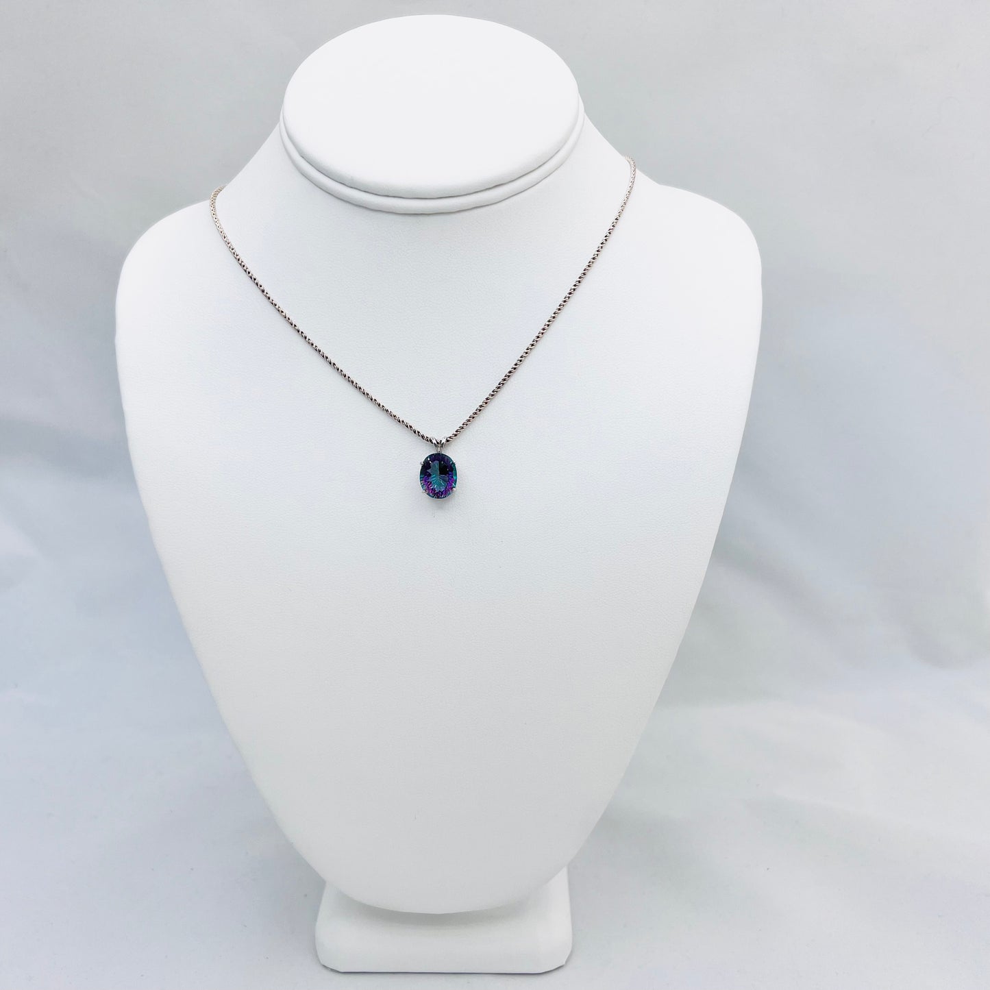 12x10 Oval Lab Created Magic Blue Quartz .925 Silver Pendant on 1.4mm 18" Double Rope Chain Necklace