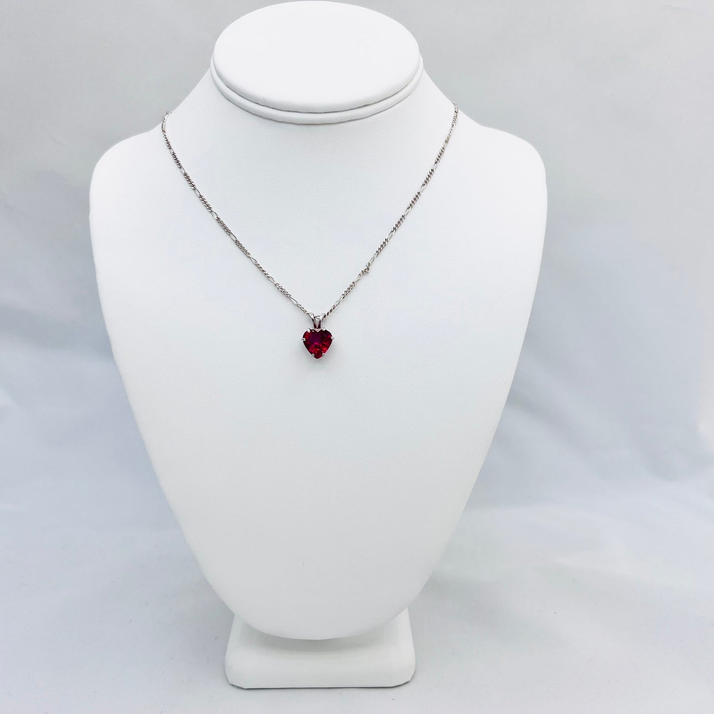 11mm Heart Shaped Lab Created Ruby .925 Silver Pendant on 1.8mm 18" Figaro Chain