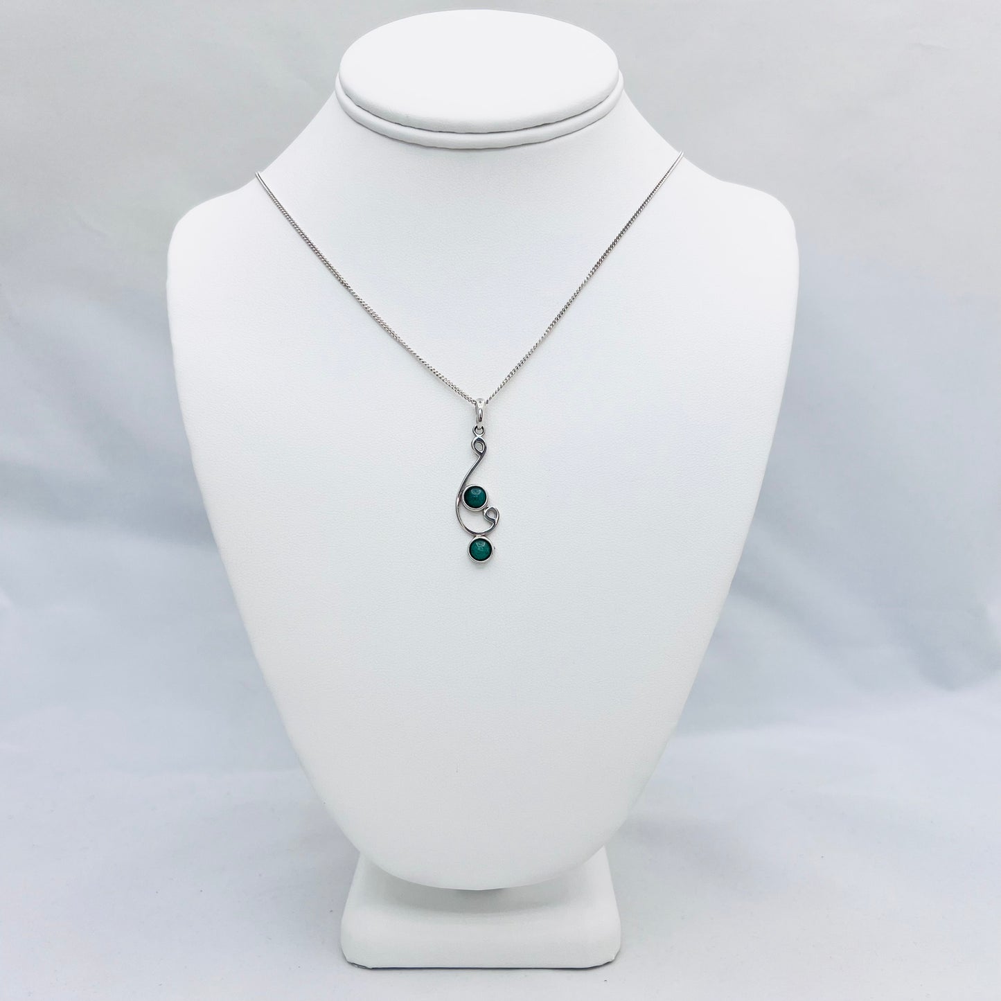 2 Stone Malachite .925 Silver Pendant on 2.0mm Curb Chain Necklace