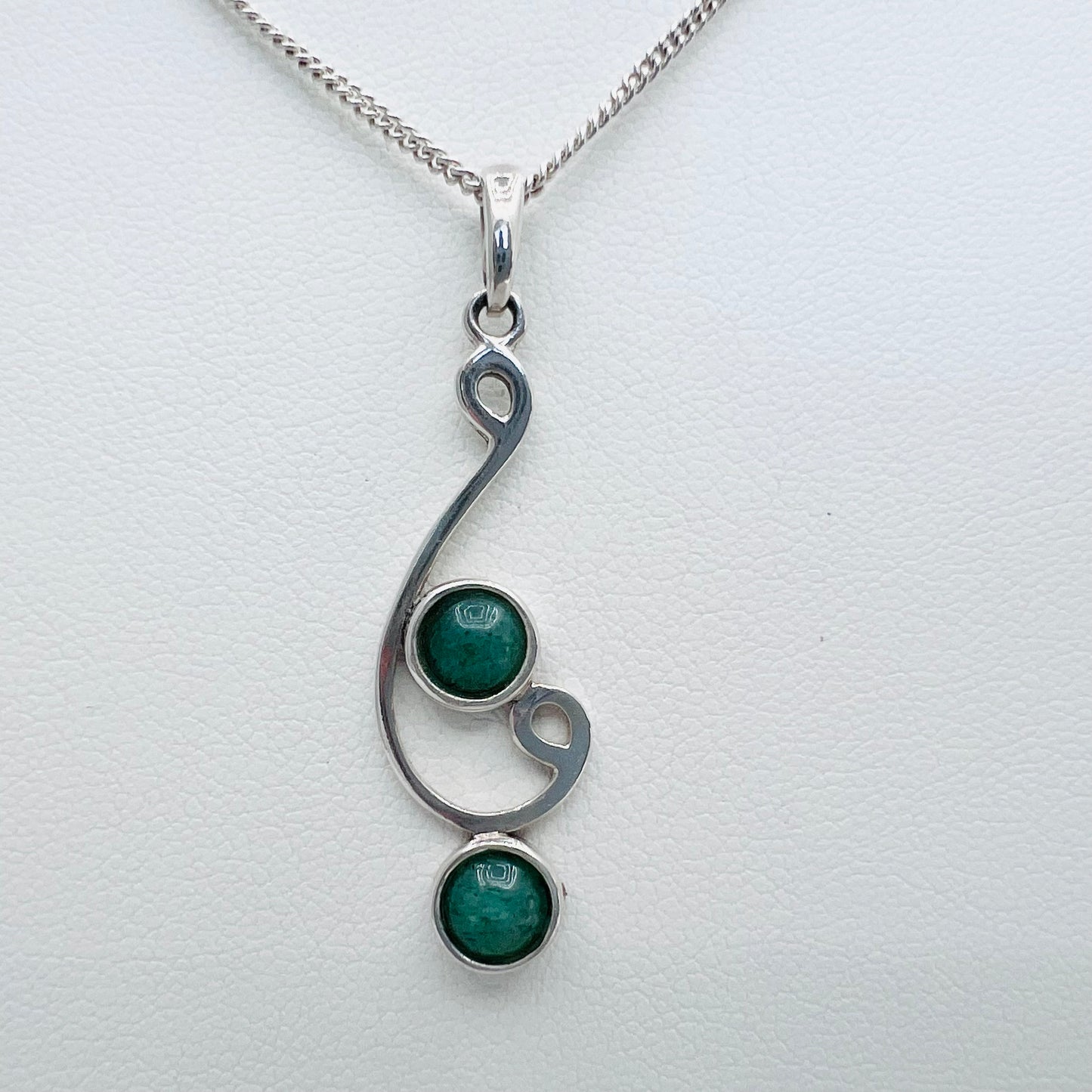 2 Stone Malachite .925 Silver Pendant on 2.0mm Curb Chain Necklace