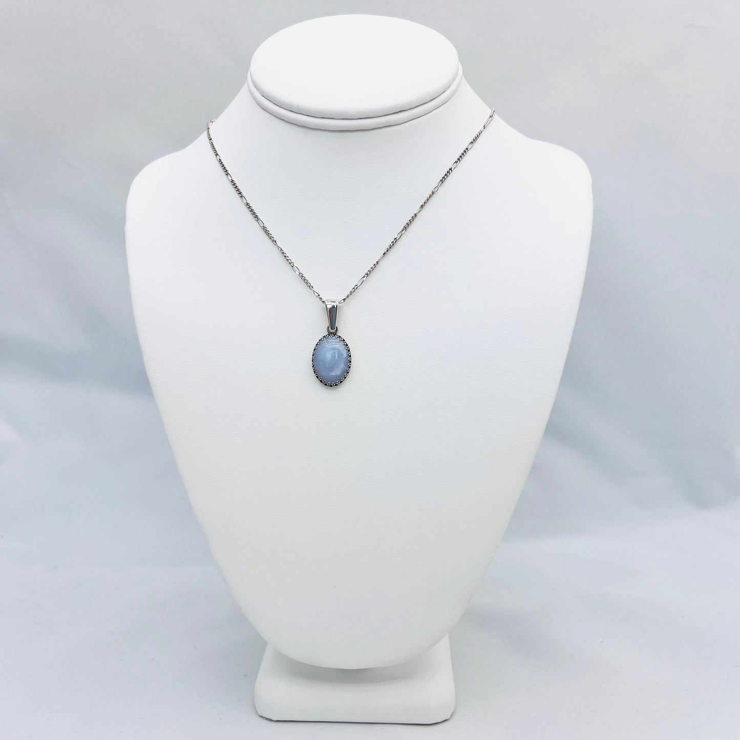 Oval Blue Lace Agate .925 Silver Figaro Chain Necklace