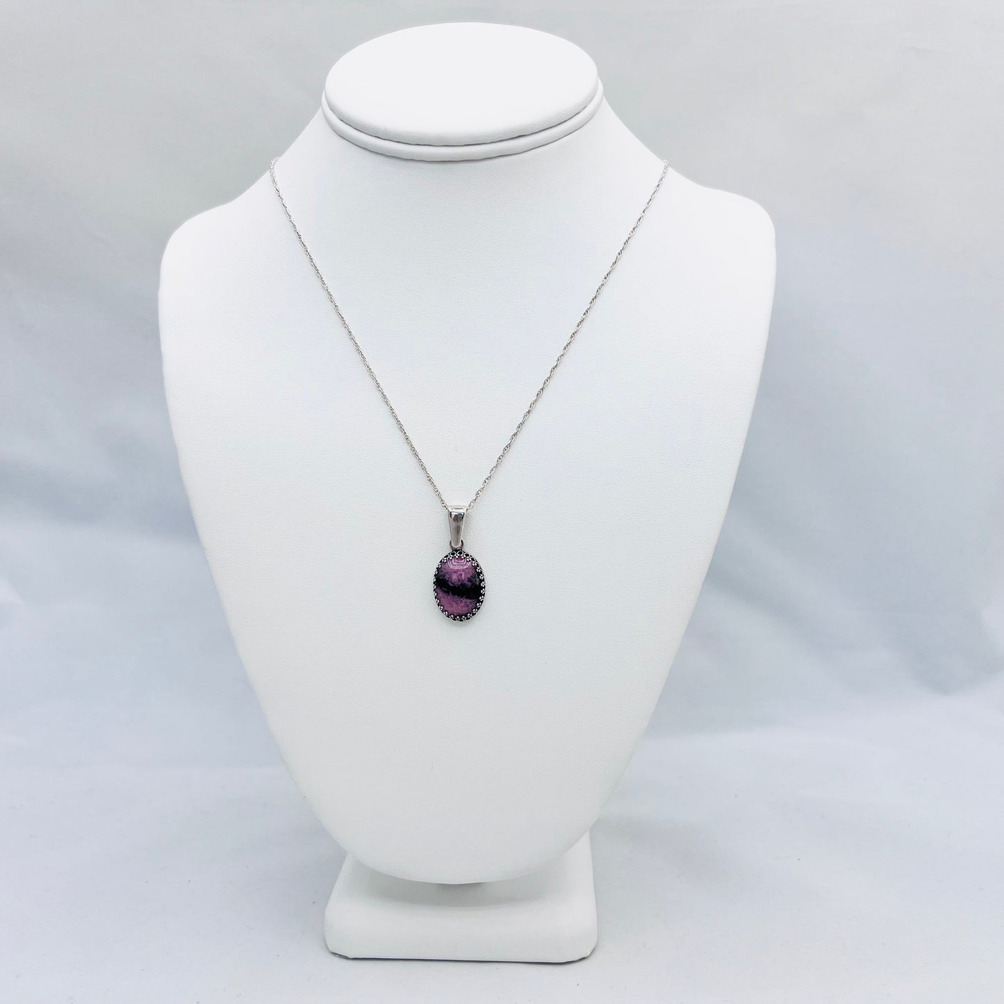 18x13mm Raspberry Rhodonite .925 Silver Pendant on 1.3mm 20" Double Rope Chain