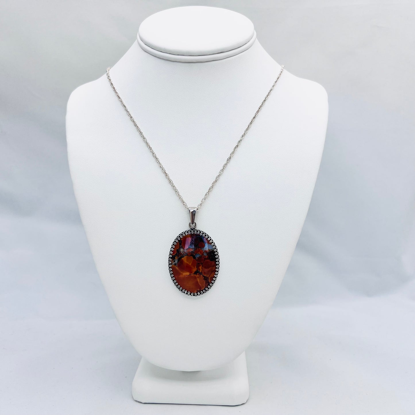 TERRA FIRMA - 40x30 Antiqued Gemstone Silver Pendant on .925 Silver 1.4mm 18" Double Rope Chain