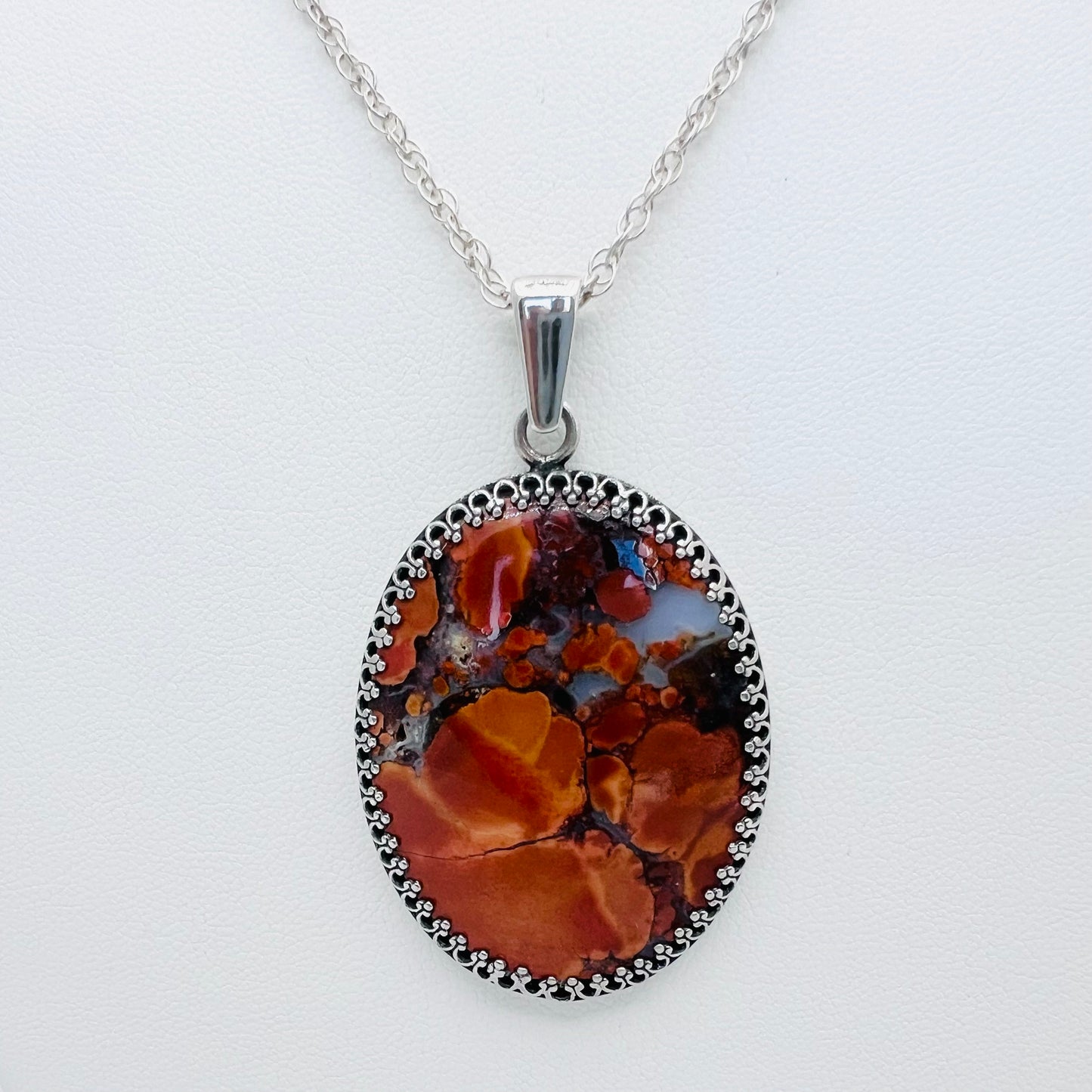 TERRA FIRMA - 40x30 Antiqued Gemstone Silver Pendant on .925 Silver 1.4mm 18" Double Rope Chain
