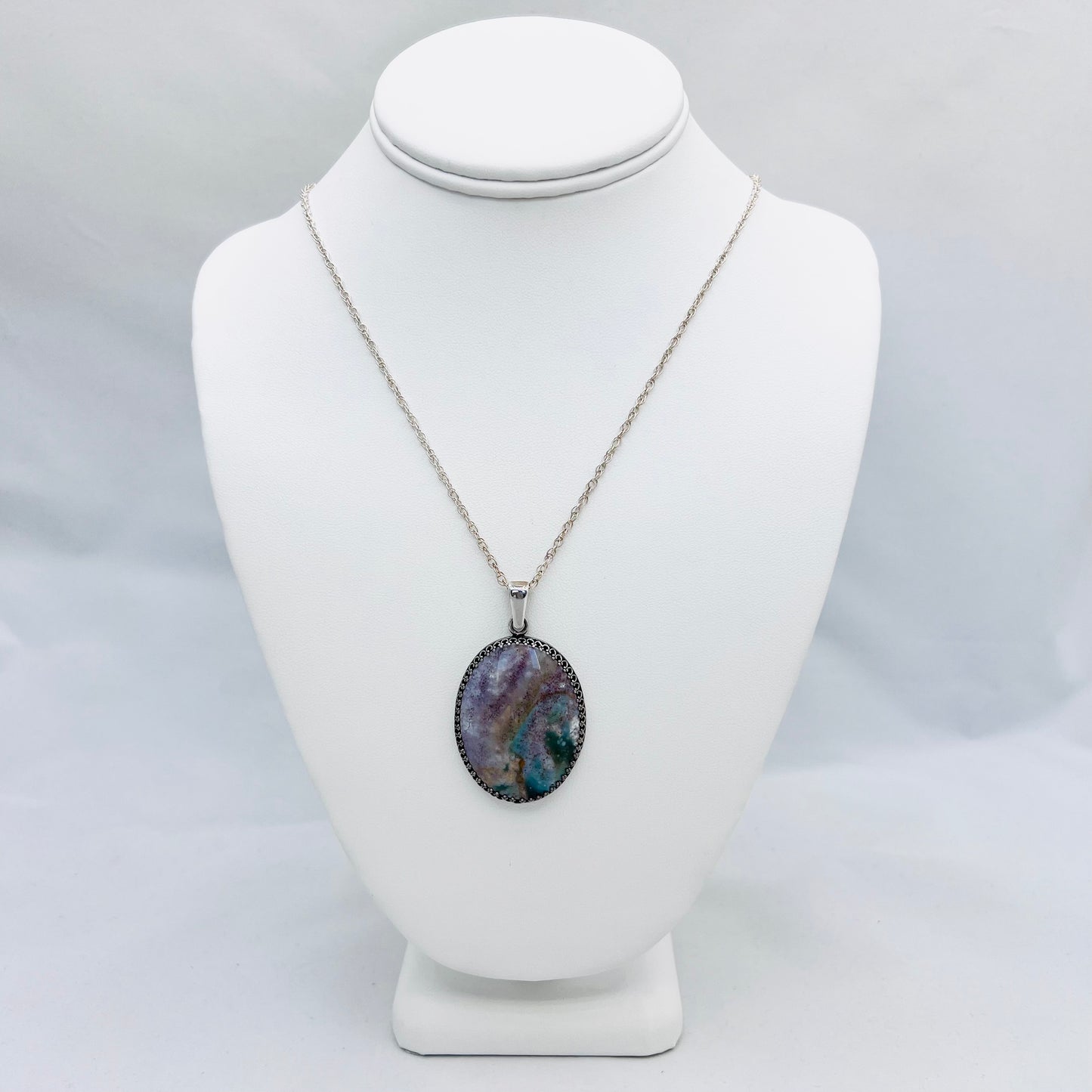 TERRA FIRMA - 40x30 Gemstone Silver Pendant on .925 Silver 1.3mm 18" Double Rope Chain