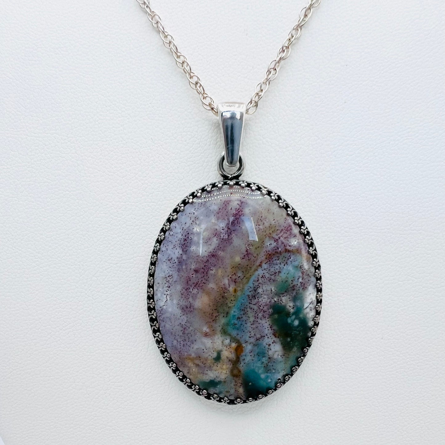TERRA FIRMA - 40x30 Gemstone Silver Pendant on .925 Silver 1.3mm 18" Double Rope Chain