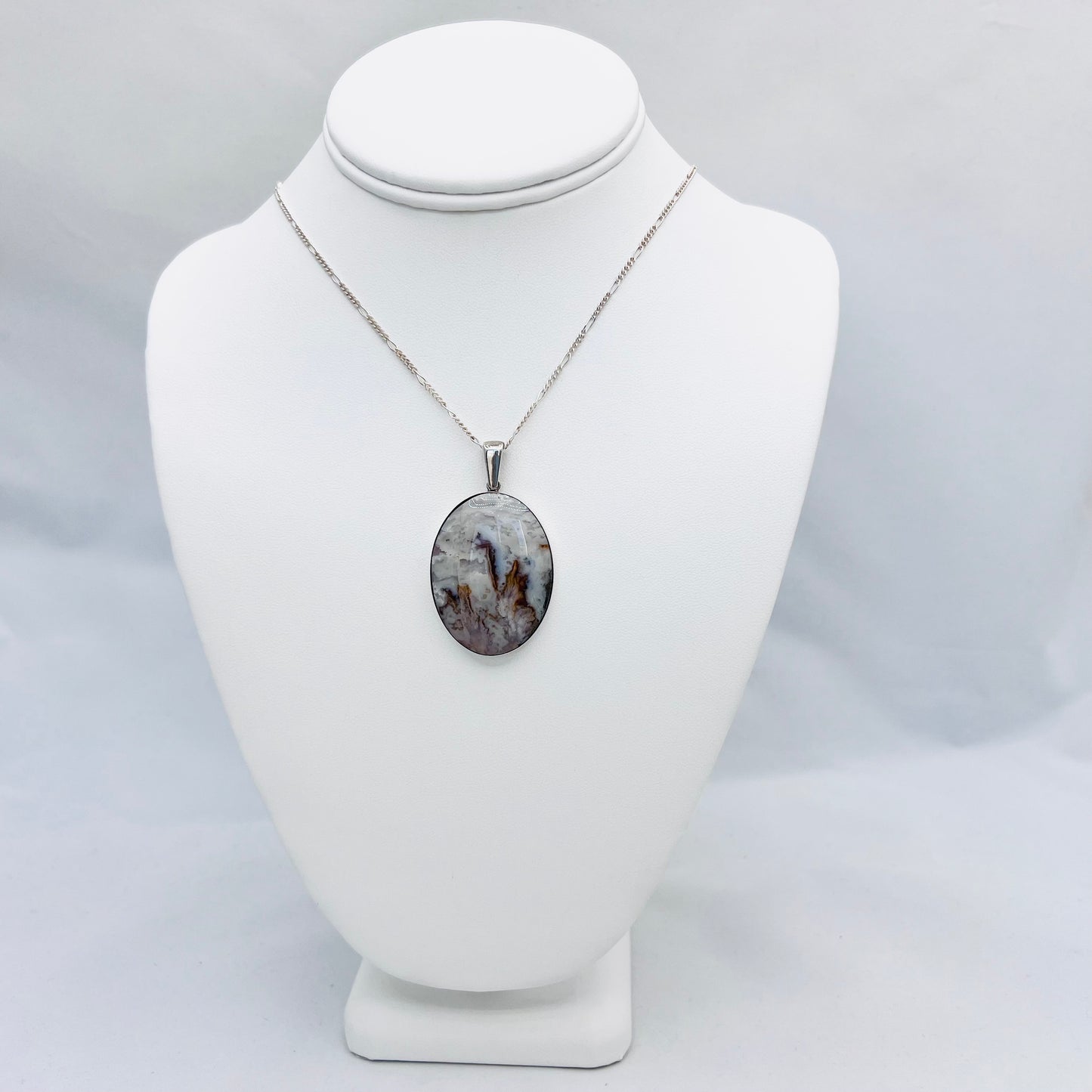 TERRA FIRMA - 40x30 Antiqued Gemstone Silver Pendant on .925 Silver 1.8mm 18" Figaro Chain