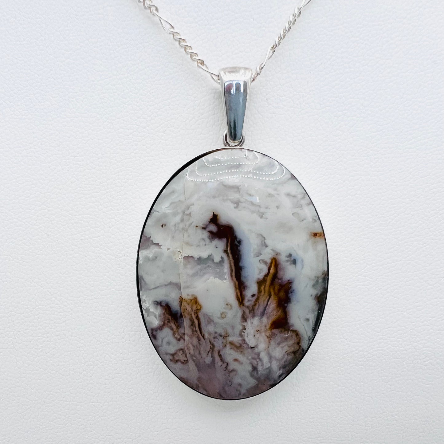 TERRA FIRMA - 40x30 Antiqued Gemstone Silver Pendant on .925 Silver 1.8mm 18" Figaro Chain