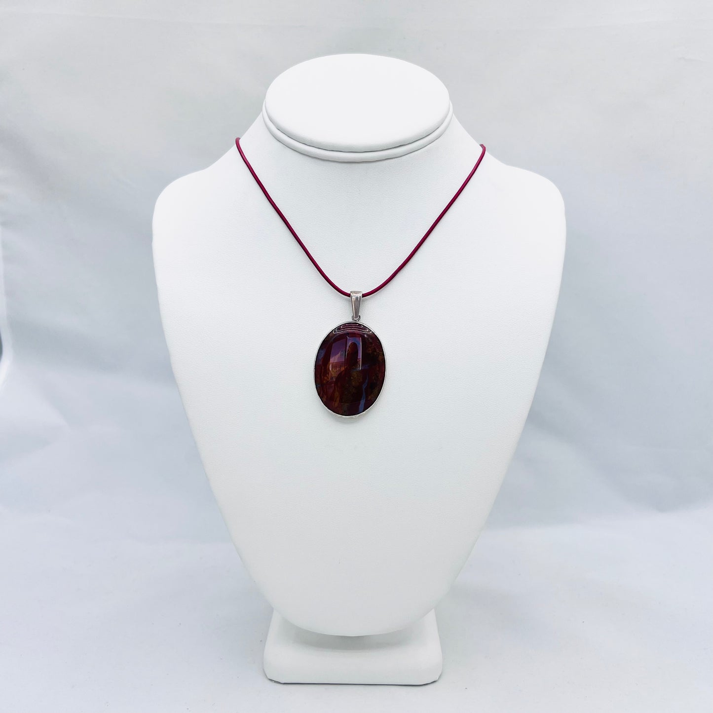 TERRA FIRMA - 40x30 Gemstone Silver Pendant on Vibrant Red Leather Necklace