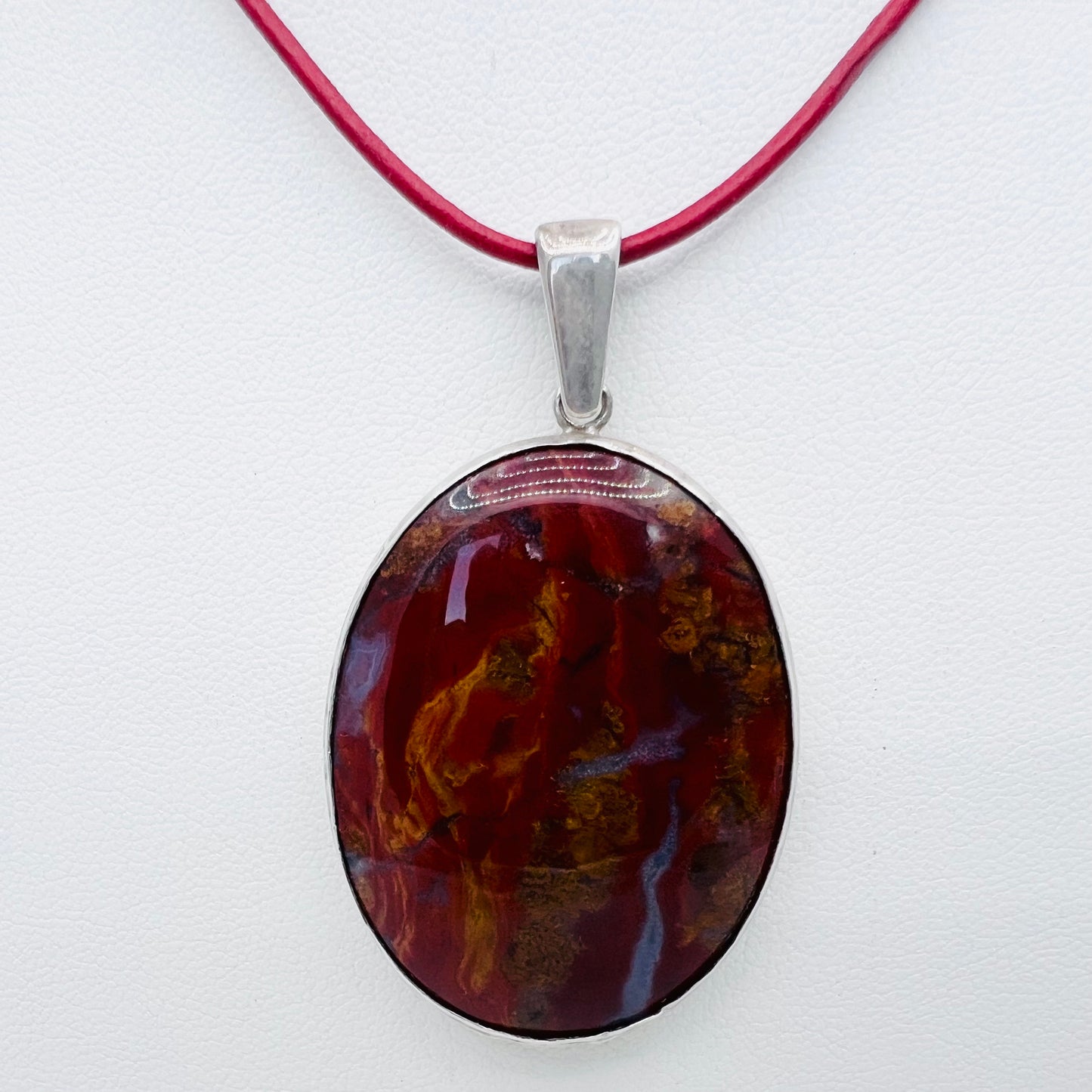TERRA FIRMA - 40x30 Gemstone Silver Pendant on Vibrant Red Leather Necklace