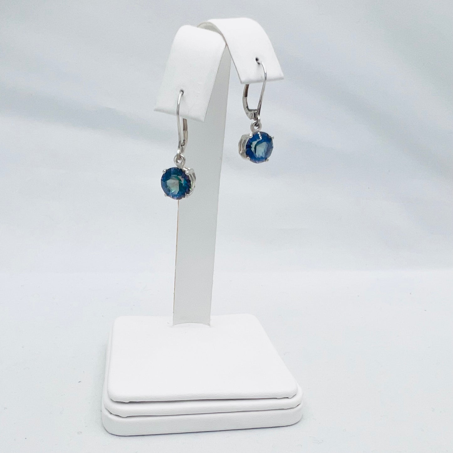 8mm Round Lab Created Magic Blue Quartz .925 Silver Leverback Dangle Earrings