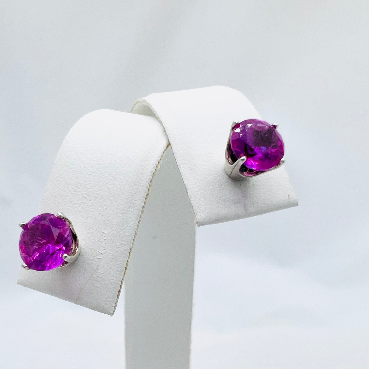 6mm Round Lab Bright Pink Sapphire .925 Silver Post Earrings