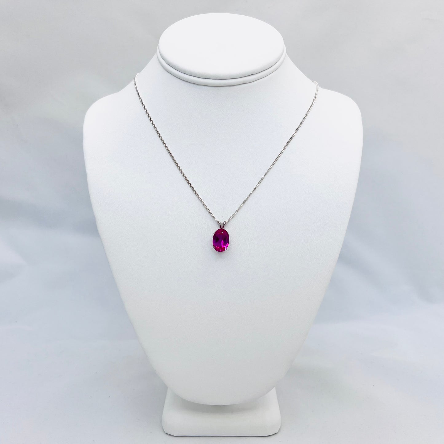 Lab Created Bright Pink Sapphire 14x10 Cast Oval Pendant on .925 Silver 2.0mm 18" Curb Chain Necklace