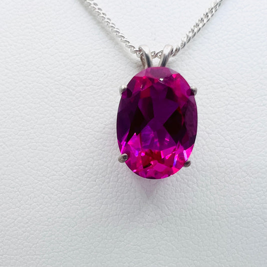 Lab Created Bright Pink Sapphire 14x10 Cast Oval Pendant on .925 Silver 2.0mm 18" Curb Chain Necklace
