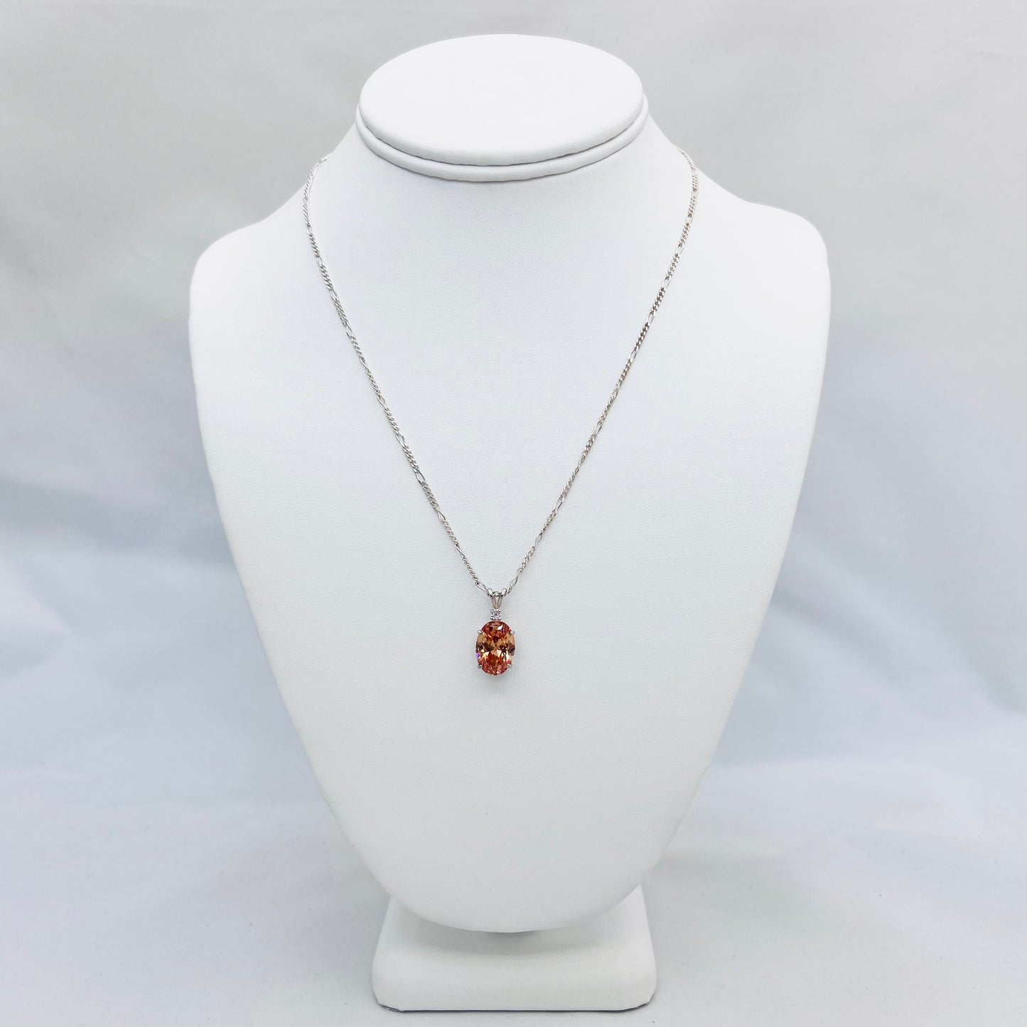 Champagne Cubic Zirconia 14x10mm Accented Pendant on .925 Silver 1.8mm 18" Figaro Chain Necklace