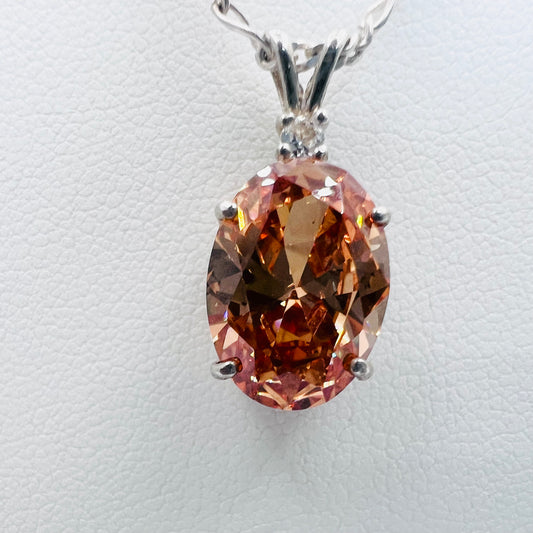 Champagne Cubic Zirconia 14x10mm Accented Pendant on .925 Silver 1.8mm 18" Figaro Chain Necklace
