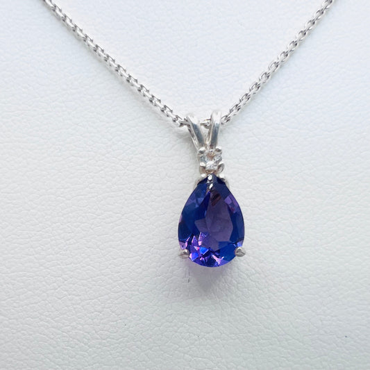 10x7mm Pear Shaped Lab Created Amethyst Accented .925 Silver Pendant on 1.3mm 18" Beveled Cable Chain