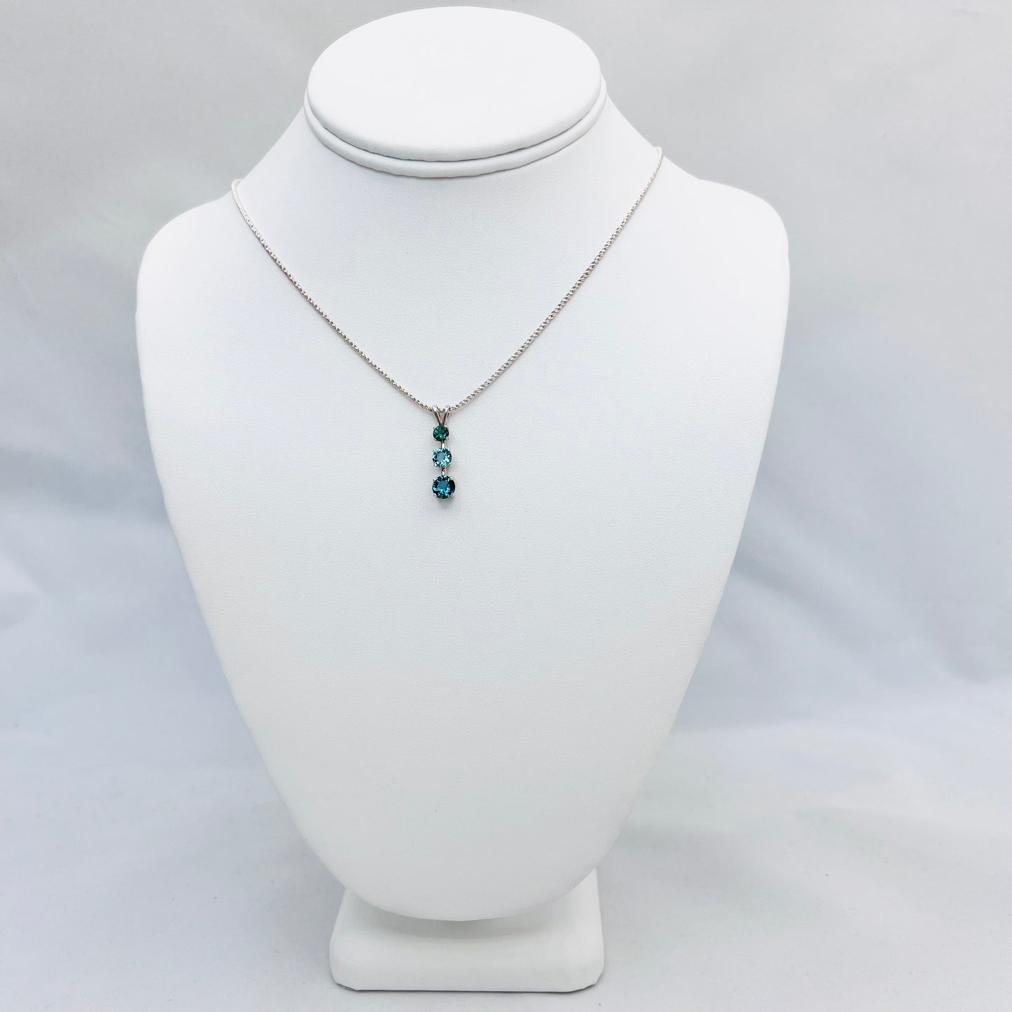 3 Stone Lab Green Quartz Pendant .925 Silver Reverse Double Rope Chain Necklace
