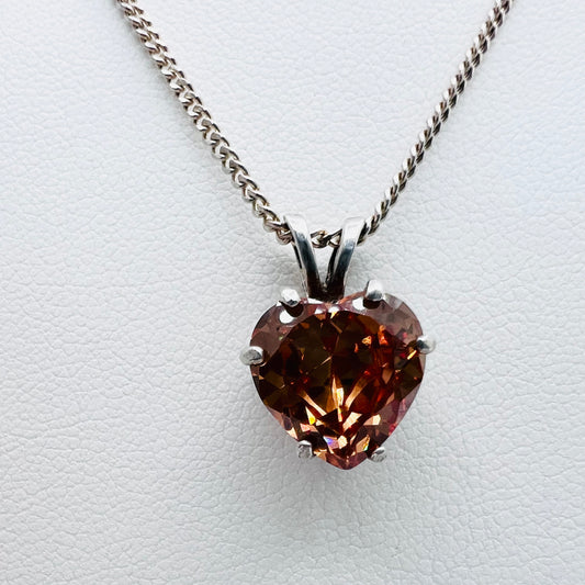 11mm Heart Shaped Champagne Cubic Zirconia .925 Silver Pendant on 1.3mm 18" Beveled Cable Chain