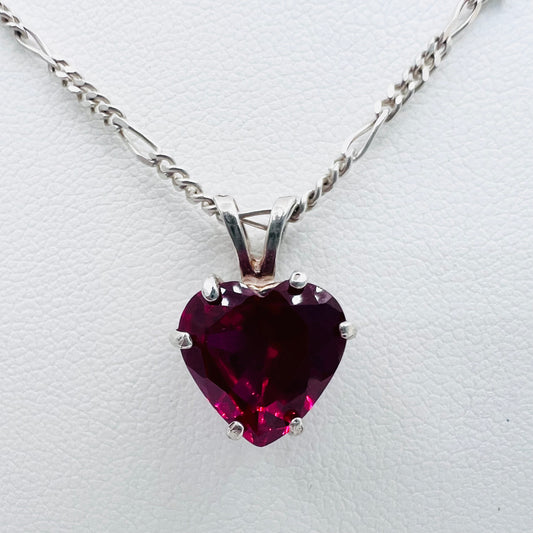 11mm Heart Shaped Lab Created Ruby .925 Silver Pendant on 1.8mm 18" Figaro Chain