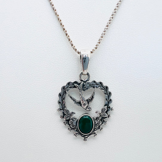 Green Agate 8x6 Oval Cabochon Bird Pendant on  .925 Silver 1.4mm 18" Reverse Double Rope Chain Necklace