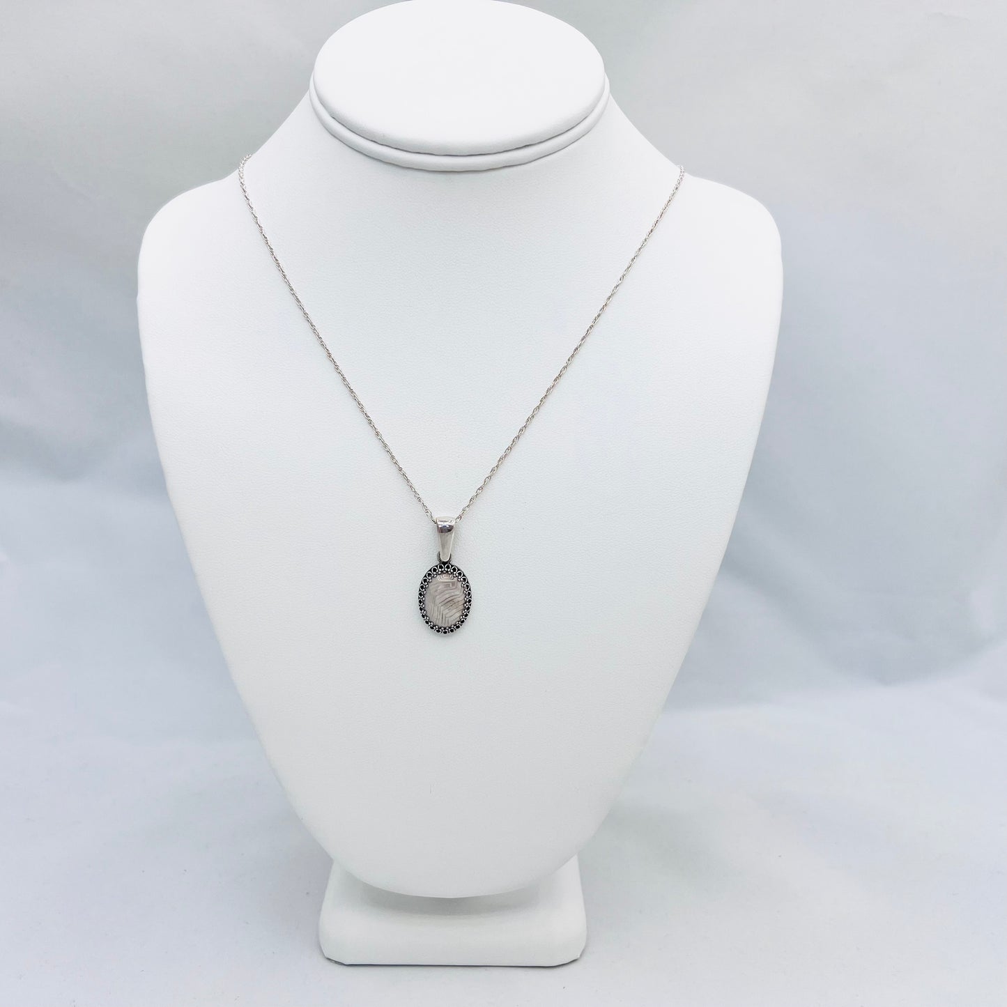 White and Brown Jasper Antiqued Pendant on .925 Silver 1.4mm 18" Double Rope Chain Necklace