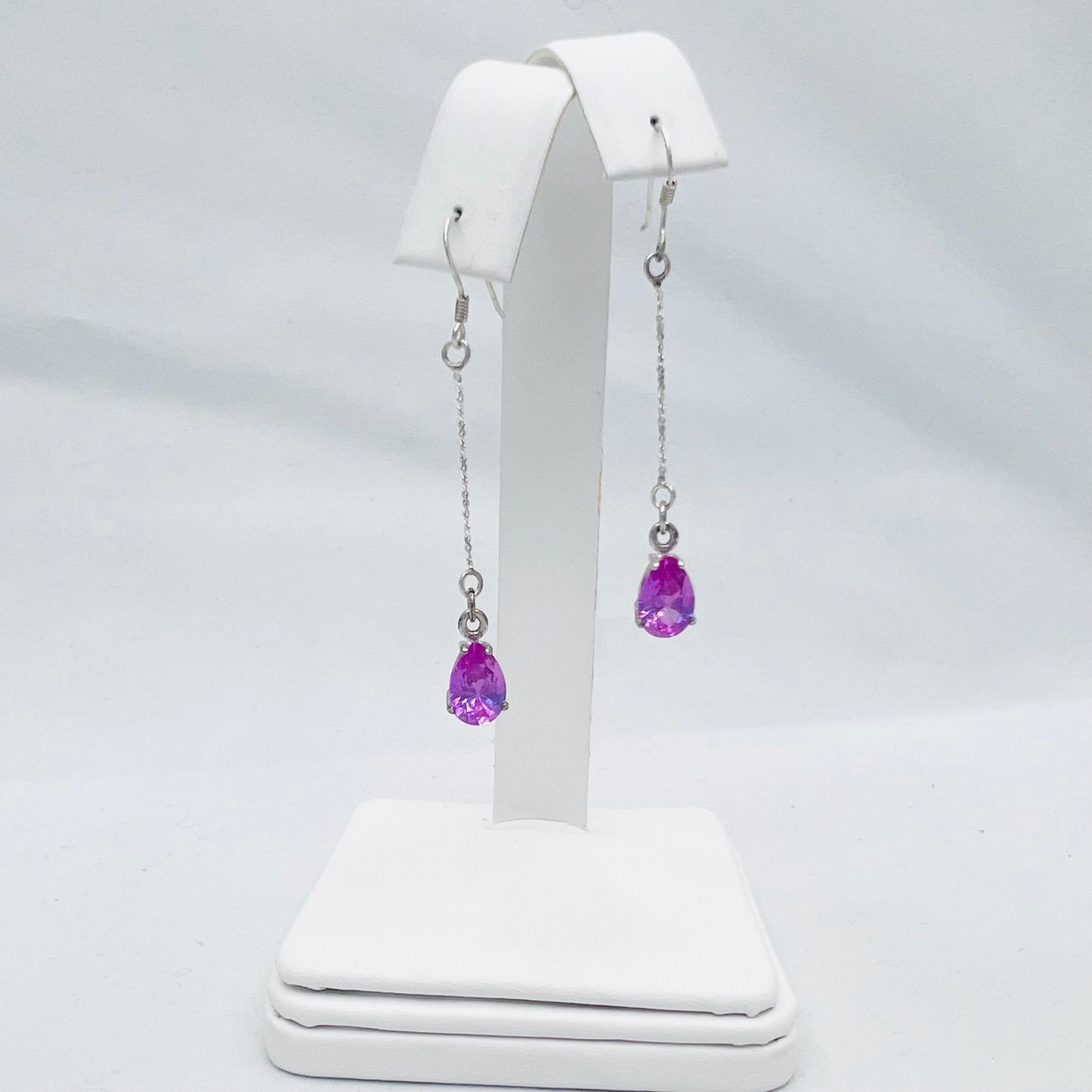 9x6mm Pear Shaped Lab Created Pink Sapphire .925 Silver French Ear Wires with 1" Chain Dangle