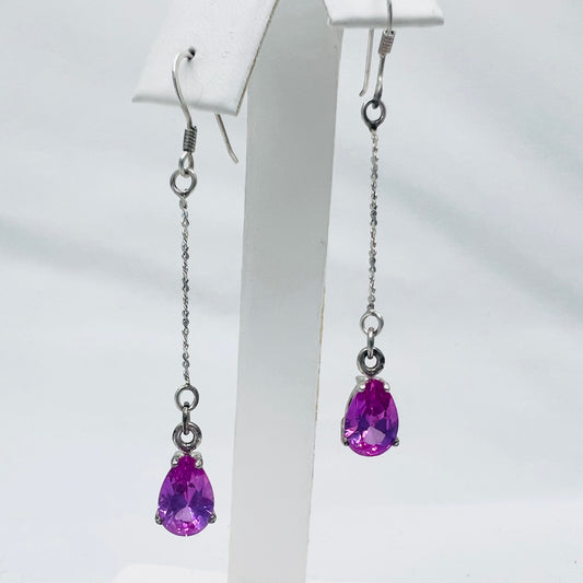9x6mm Pear Shaped Lab Created Pink Sapphire .925 Silver French Ear Wires with 1" Chain Dangle
