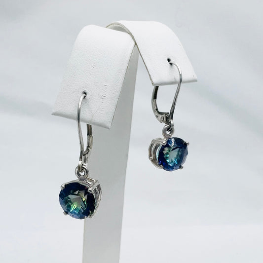 8mm Round Lab Created Magic Blue Quartz .925 Silver Leverback Dangle Earrings