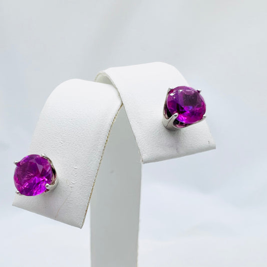 10x8mm Oval Lab Bright Pink Sapphire Argentium Silver Post Earrings